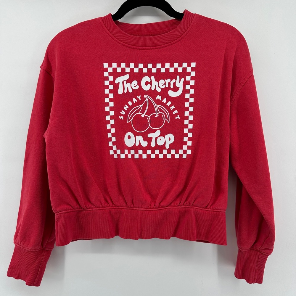 Old Navy Girls Red Cherry On Top Graphic Fleece Sweatshirt Size L 10-12